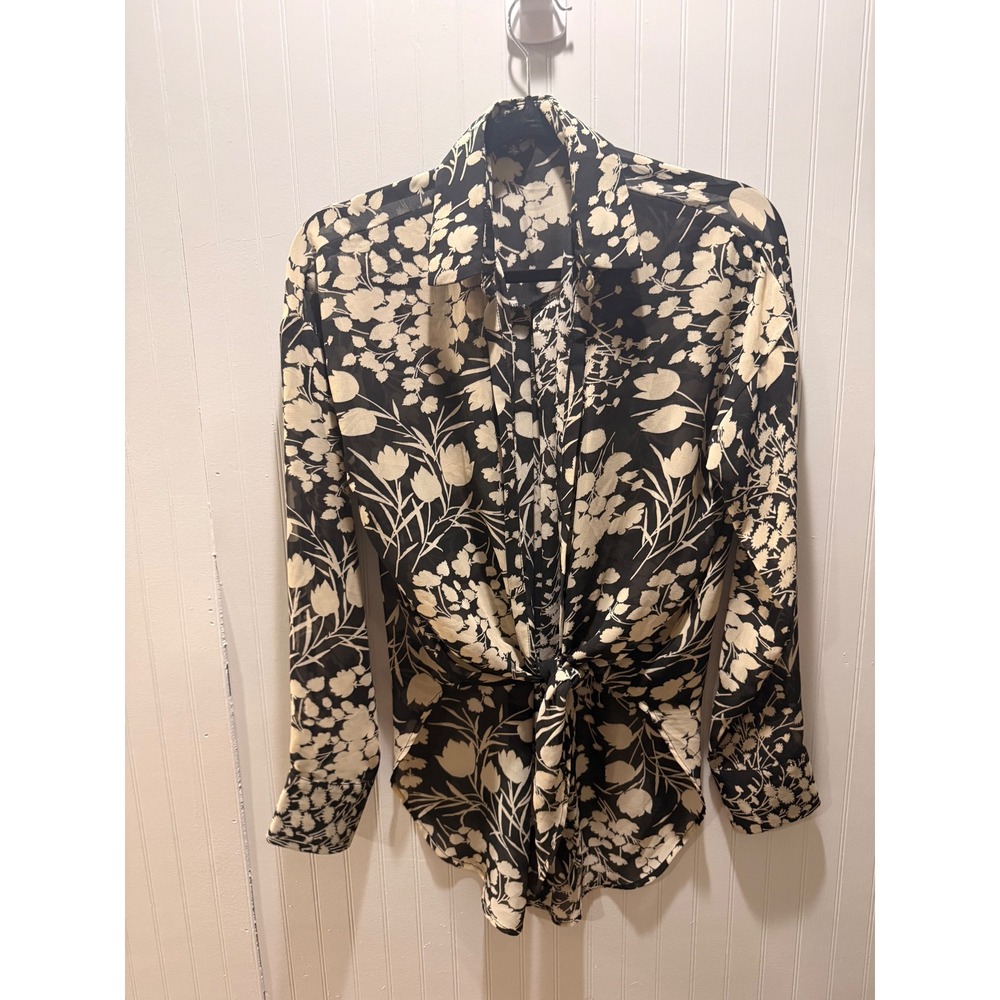 Fashion Nova Black White Floral Sheer Tie Front Button Down Blouse Medium